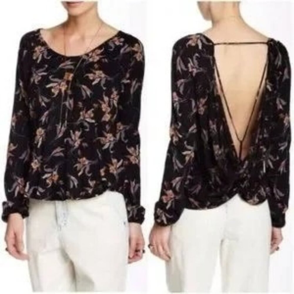 Free People Elsa Black Floral Open Back Long Sleeve Blouse